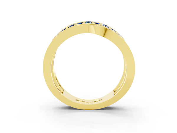 Yellow gold Pavé Round Blue Sapphire Crossover Band with Bead Prong Setting