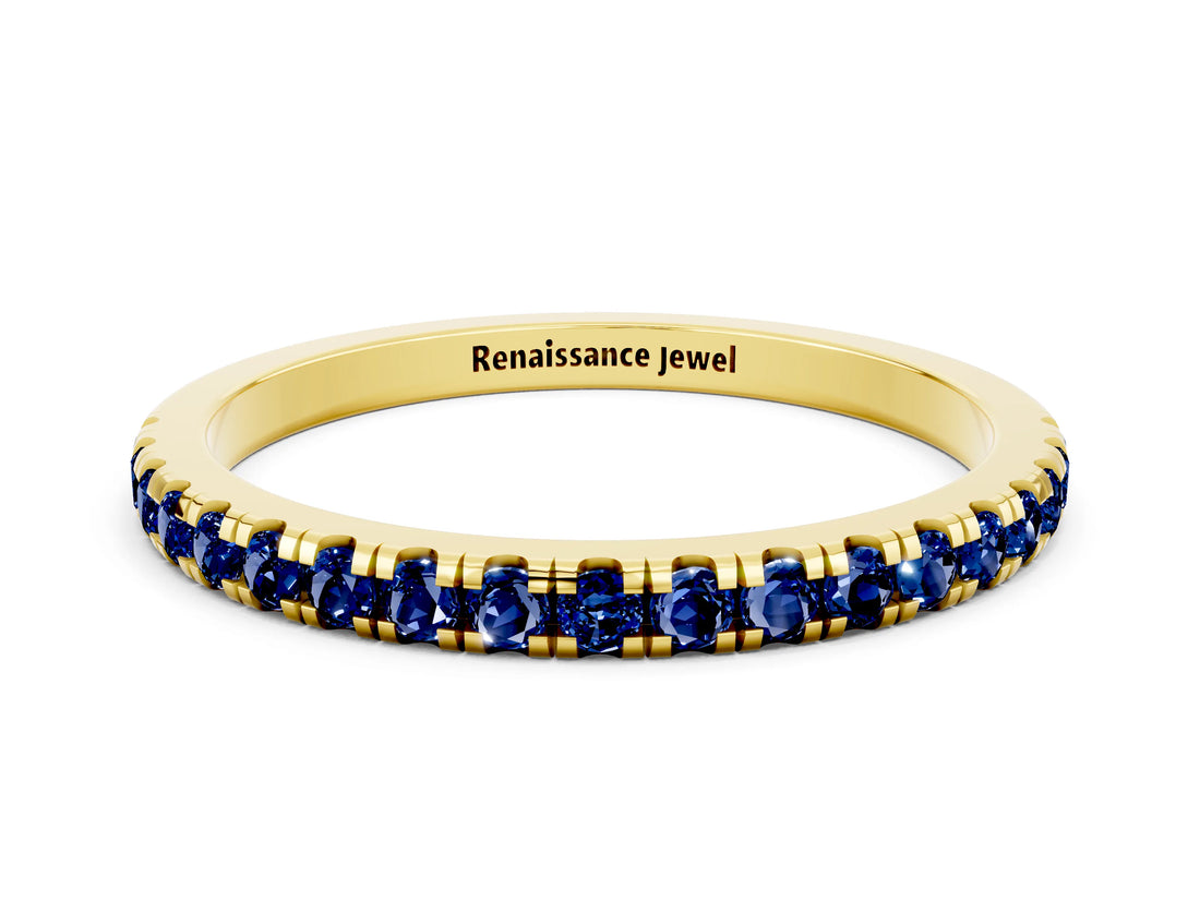 Yellow gold Pavé Round Blue Sapphire Half Eternity Band with Shared Prong Setting_6