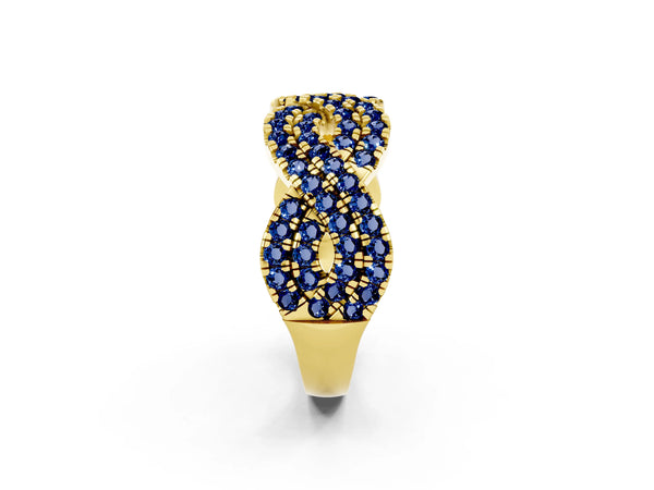 Yellow Gold Round Lab-Grown Blue Sapphire Pave Infinity Twist Wedding Band with Shared Prongs
