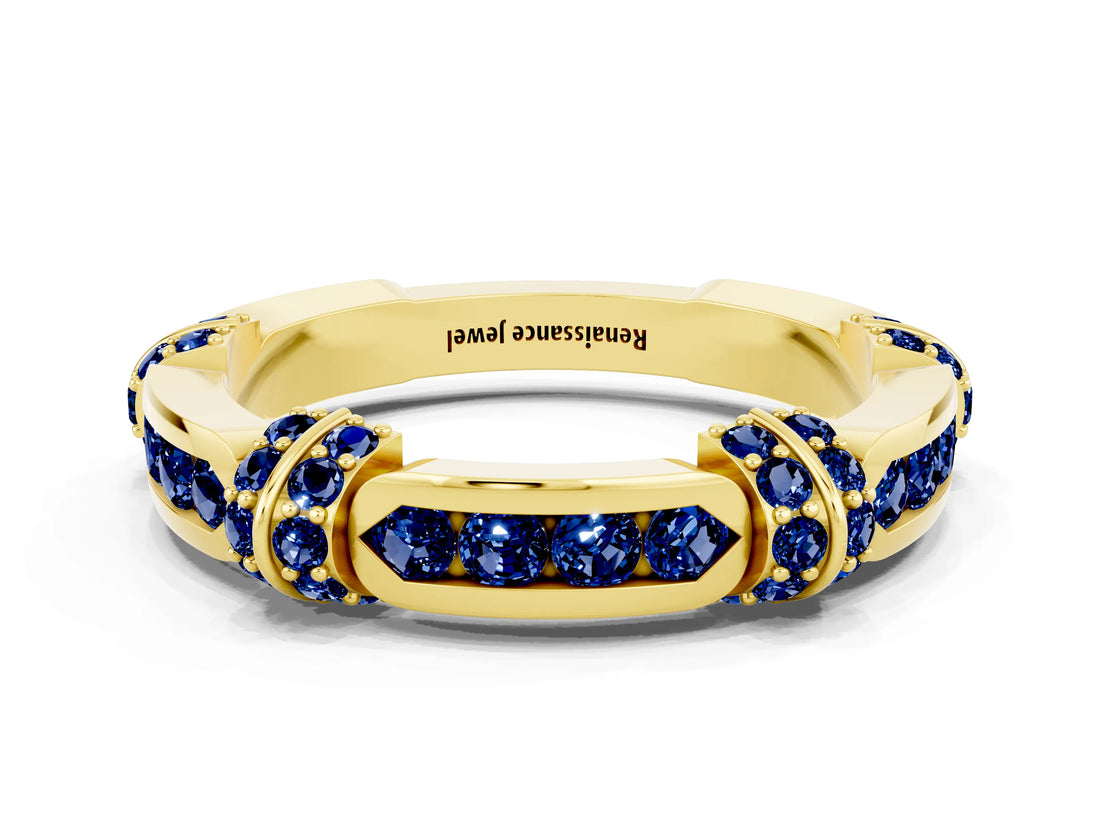 Yellow gold Pavé Round Blue Sapphire Link Band with Bezel Setting_30