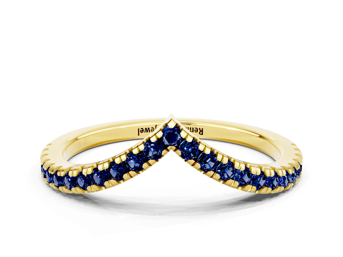 Yellow gold Pavé Round Blue Sapphire V-Shaped Chevron Band with Shared Prong Setting_6