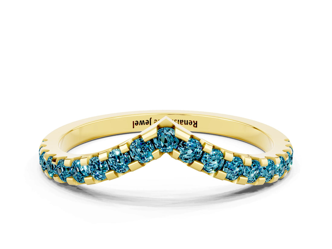 Yellow gold Pavé Round Blue Topaz Chevron Band with Shared Prong Setting_6