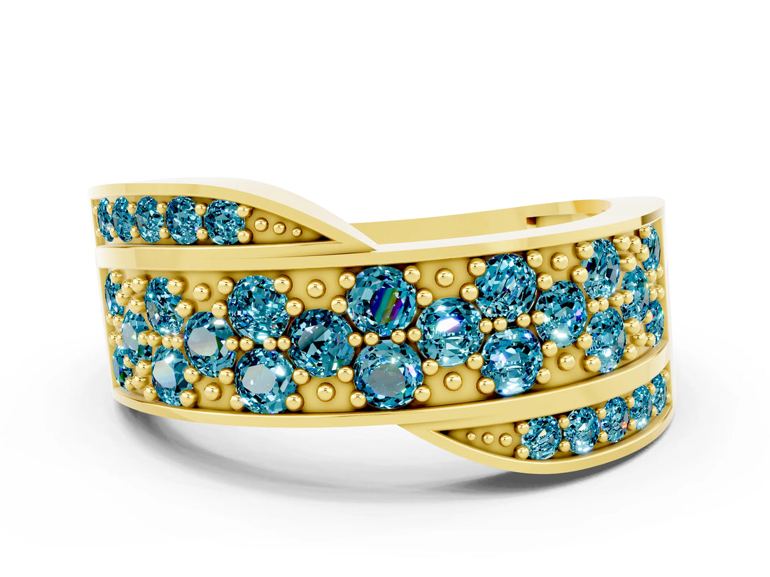 Yellow gold Pavé Round Blue Topaz Crossover Band with Bead Prong Setting_6