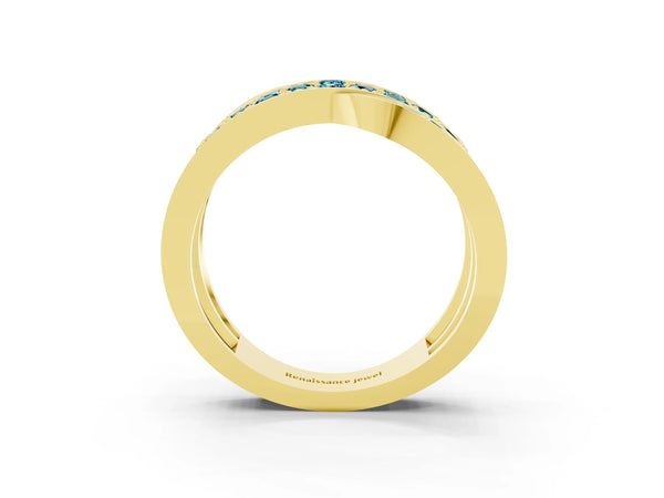 Yellow gold Pavé Round Blue Topaz Crossover Band with Bead Prong Setting