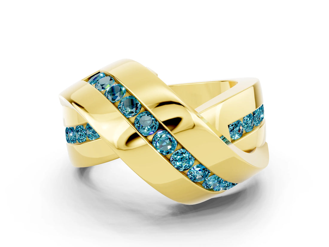 Yellow gold Pavé Round Blue Topaz Crossover Band with Channel Setting_6