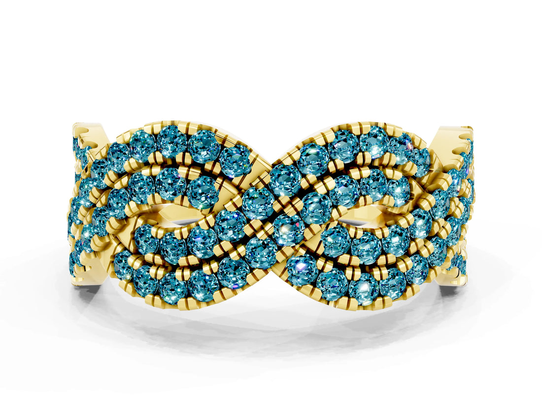 Yellow gold Pavé Round Blue Topaz Infinity Twist Band with Shared Prong Setting_6