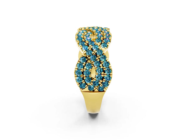 Yellow Gold Round Blue Topaz Pave Infinity Twist Wedding Band with Shared Prongs