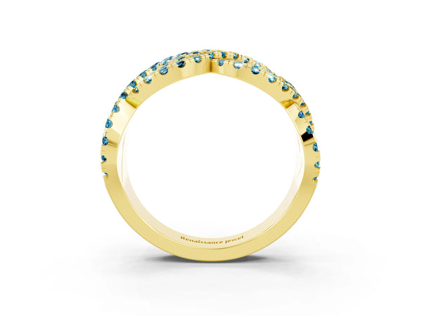 Yellow Gold Round Blue Topaz Pave Infinity Twist Wedding Band with Shared Prongs
