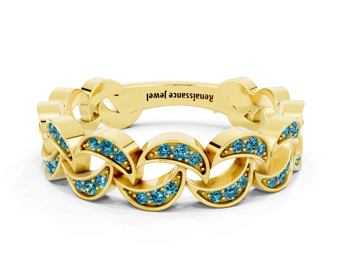 Yellow gold Pavé Round Blue Topaz Interlocking Eternity Band with Bezel Prong Setting_6