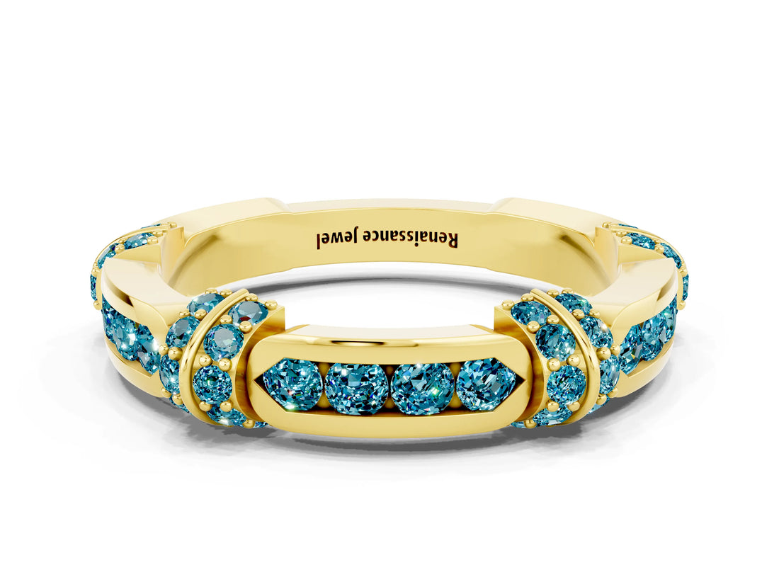Yellow gold Pavé Round Blue Topaz Link Band with Bezel Setting_30