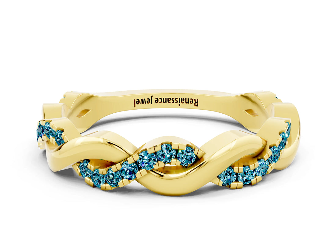 Yellow gold Pavé Round Blue Topaz Twist Eternity Band with Shared Prong Setting_30