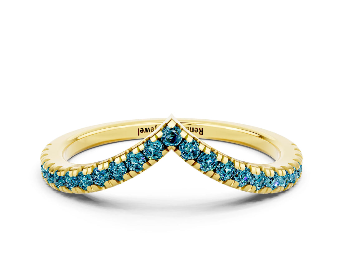 Yellow gold Pavé Round Blue Topaz V-Shaped Chevron Band with Shared Prong Setting_6