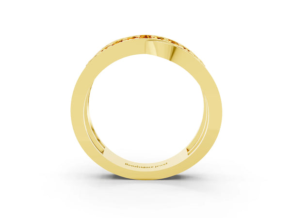 Yellow gold Pavé Round Citrine Crossover Band with Bead Prong Setting
