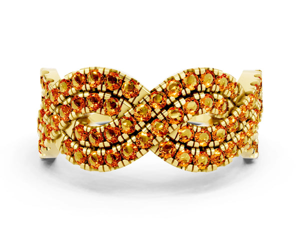 Yellow Gold Round Citrine Pave Infinity Twist Wedding Band with Shared Prongs