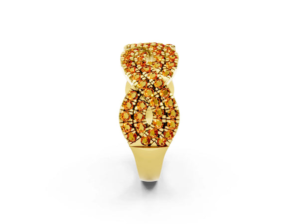 Yellow Gold Round Citrine Pave Infinity Twist Wedding Band with Shared Prongs