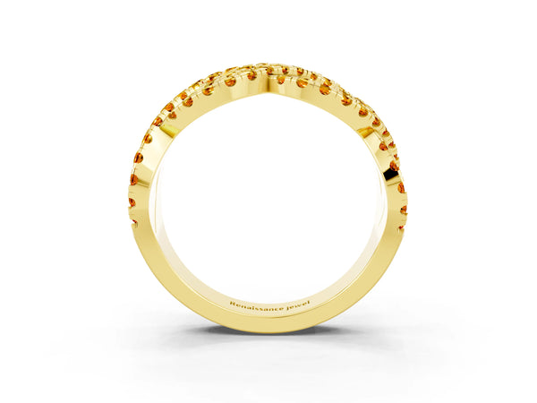 Yellow Gold Round Citrine Pave Infinity Twist Wedding Band with Shared Prongs