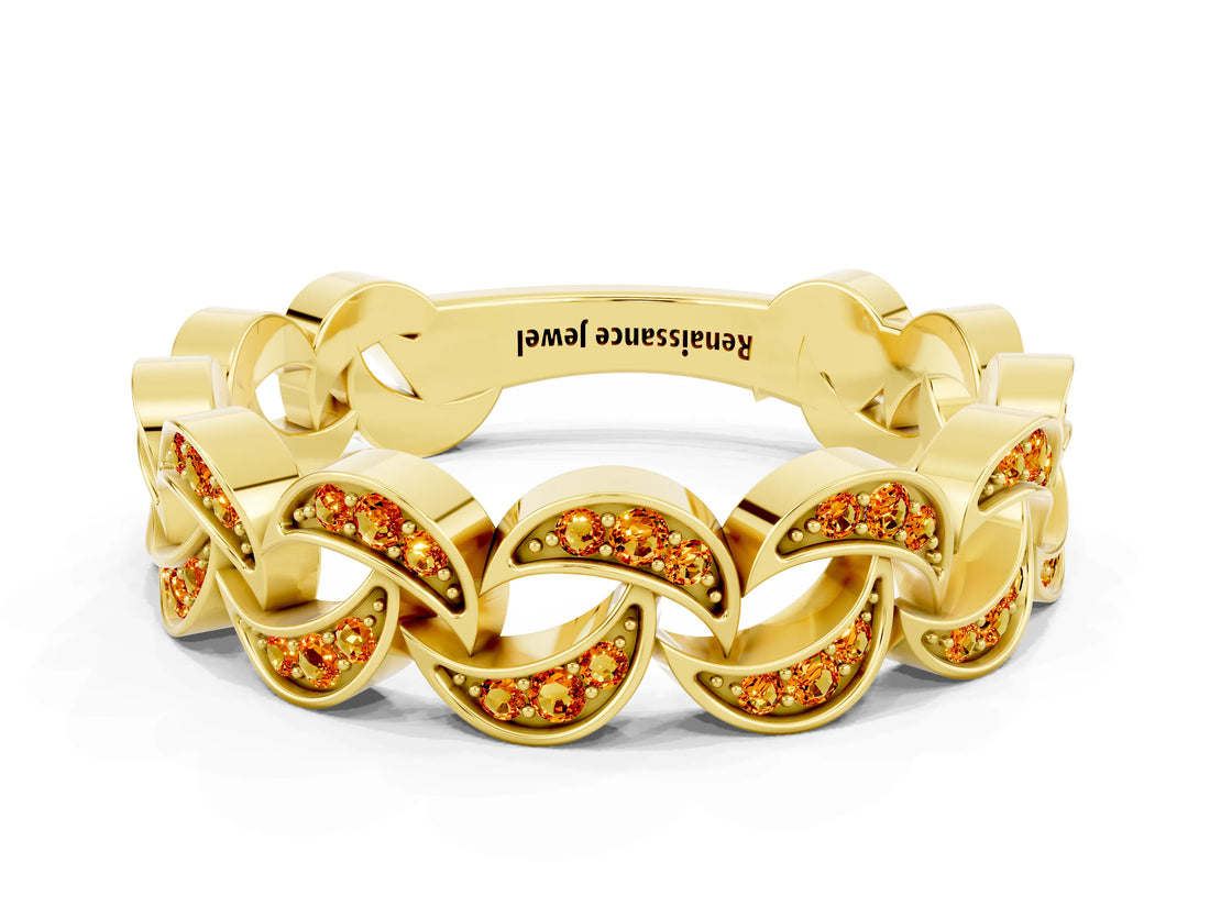 Yellow gold Pavé Round Citrine Interlocking Eternity Band with Bezel Prong Setting_6