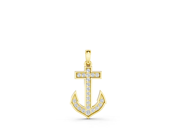 Yellow gold Pavé Round Diamond Anchor Pendant with Four-Prong Setting