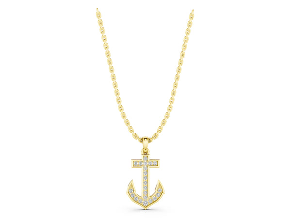 Yellow gold Pavé Round Diamond Anchor Pendant with Four-Prong Setting
