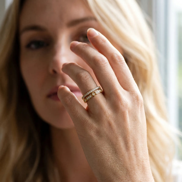 Yellow gold Pavé Round Diamond Channel Set Dual Band with Prong Setting