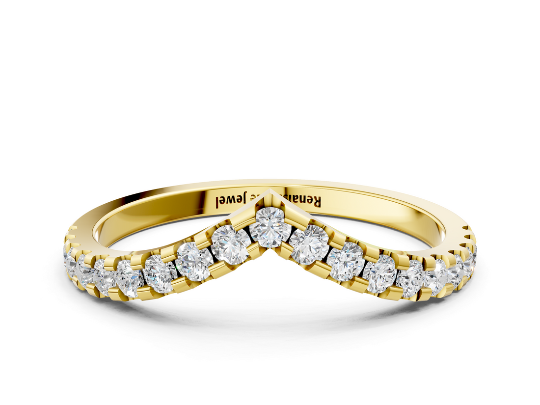 18K Yellow Gold Pavé Round Diamond Chevron Band with Shared Prong Setting