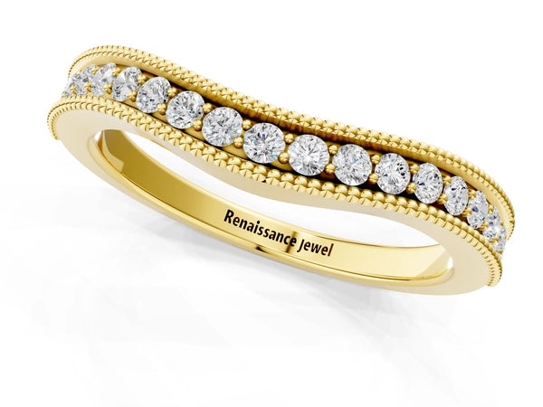 Yellow gold Pavé Round Diamond Contour Band with Milgrain Edge