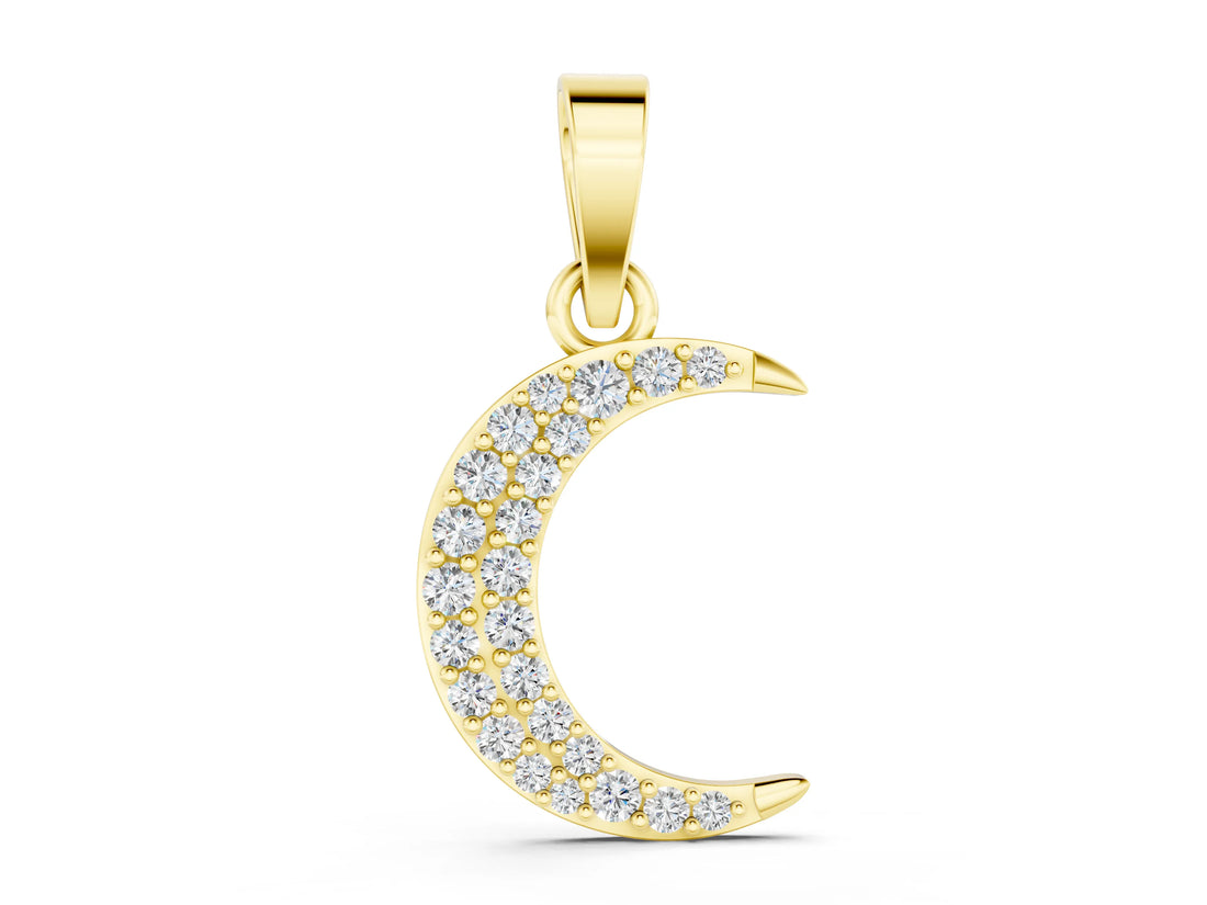 Yellow gold Pavé Round Diamond Crescent Pendant with Four-Prong Setting_6
