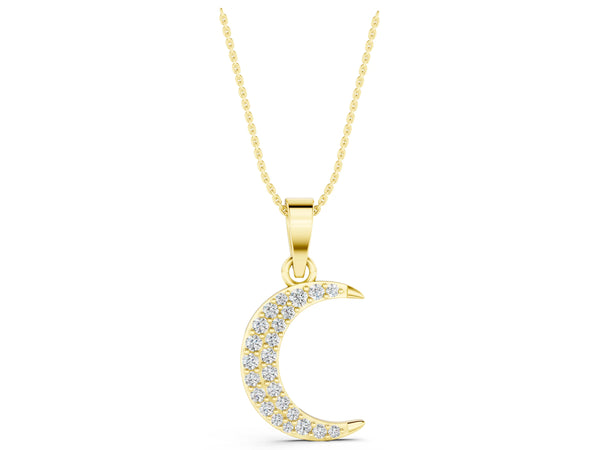 Yellow gold Pavé Round Diamond Crescent Pendant with Four-Prong Setting