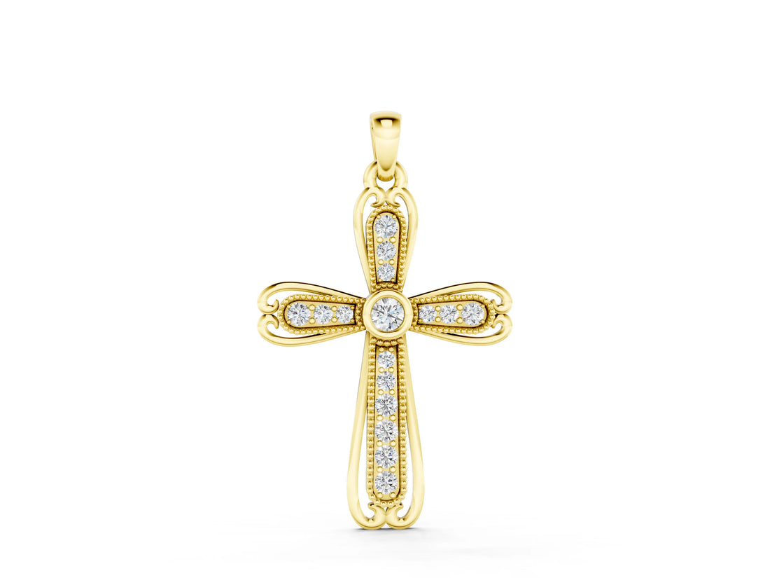 Yellow gold Pavé Round Diamond Cross Pendant with Bezel Setting_49