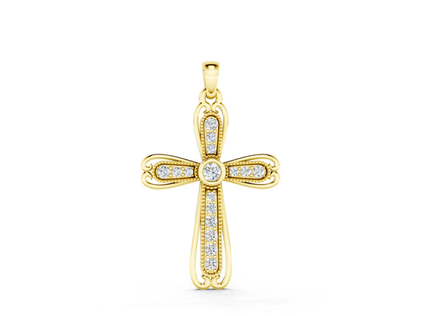 Yellow gold Pavé Round Diamond Cross Pendant with Bezel Setting