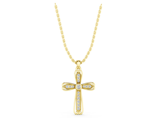 Yellow gold Pavé Round Diamond Cross Pendant with Bezel Setting