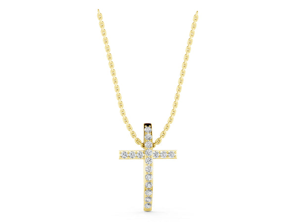 Yellow gold Pavé Round Diamond Cross Pendant with Prong Setting
