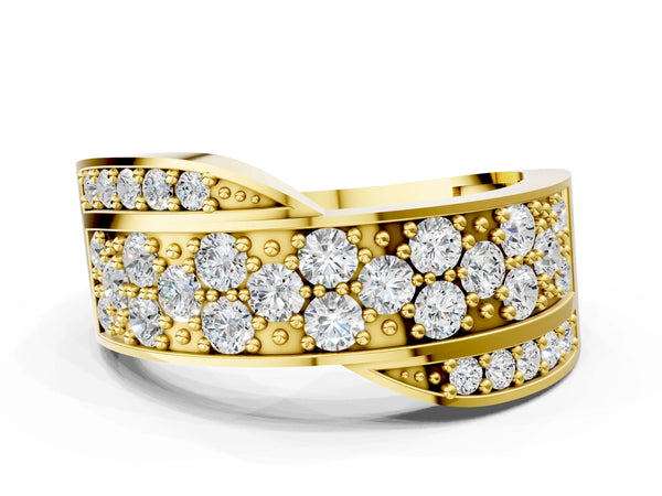 Yellow gold Pavé Round Diamond Crossover Band with Bead Prong Setting