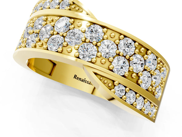 Yellow gold Pavé Round Diamond Crossover Band with Bead Prong Setting