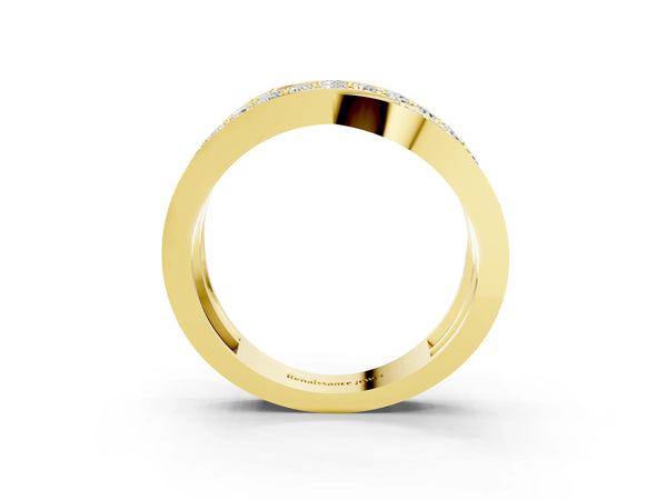 Yellow gold Pavé Round Diamond Crossover Band with Bead Prong Setting