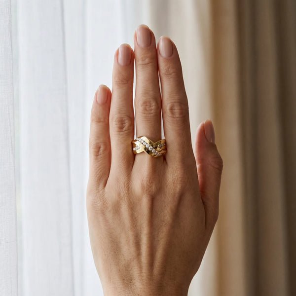 Yellow gold Pavé Round Diamond Crossover Band with Channel Setting