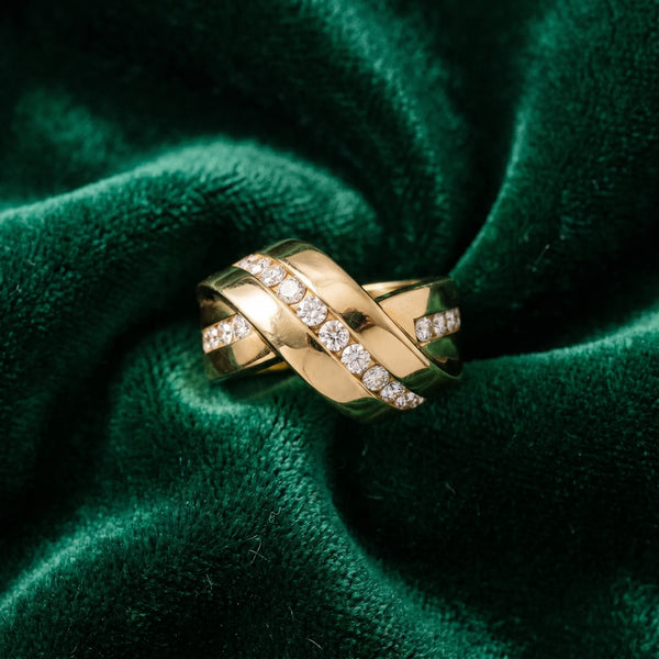 Yellow gold Pavé Round Diamond Crossover Band with Channel Setting