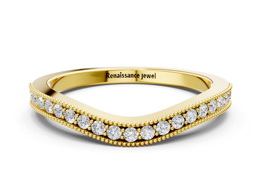 Yellow gold Pavé Round Diamond Curved Band with Milgrain Edge_4