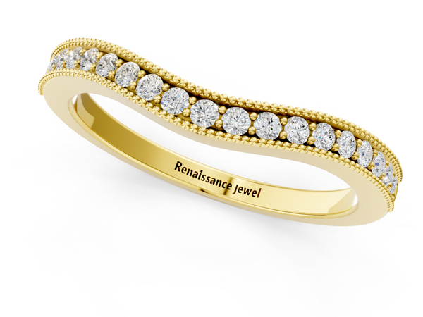 Yellow gold Pavé Round Diamond Curved Band with Milgrain Edge