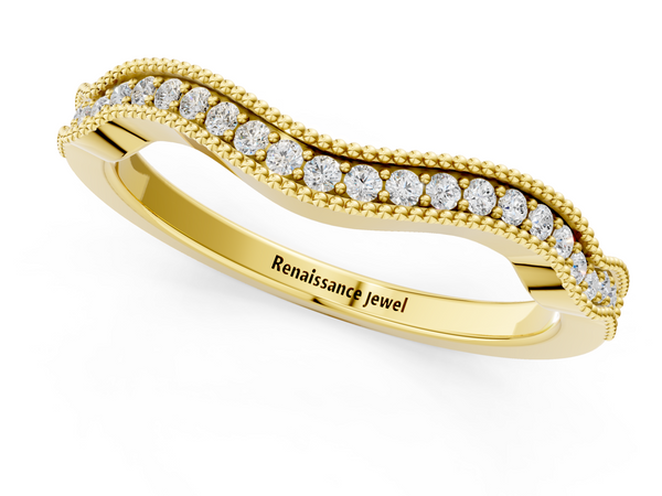 Yellow gold Pavé Round Diamond Curved Milgrain Band