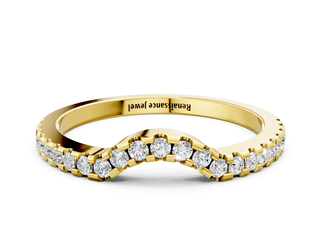 Yellow gold Pavé Round Diamond Curved Wedding Band with Shared Prong Setting_4