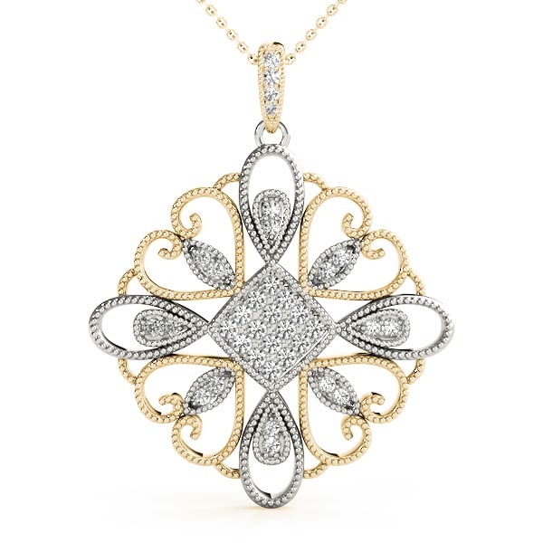 Yellow gold Pavé Round Diamond Filigree Pendant with Milgrain Detail