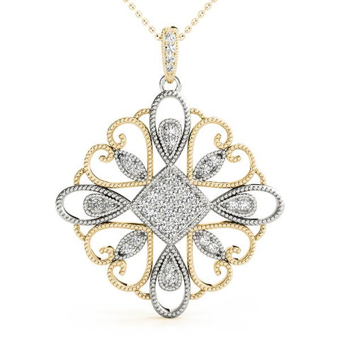 Yellow gold Pavé Round Diamond Filigree Pendant with Milgrain Detail