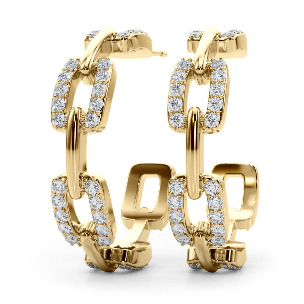 Yellow gold Pavé Round Diamond Link Hoop Earrings with Prong Setting 1