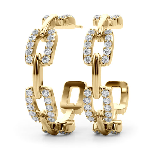 Yellow gold Pavé Round Diamond Link Hoop Earrings with Prong Setting 1