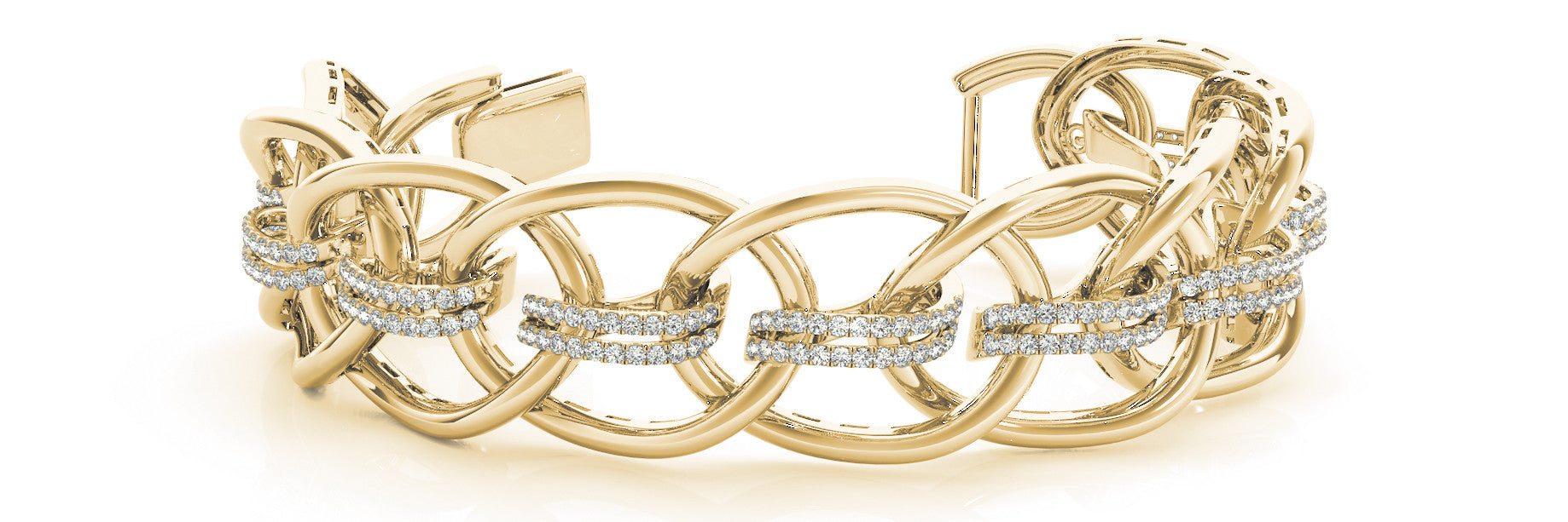 Yellow gold Pavé Round Diamond Open Link Cuff Bracelet