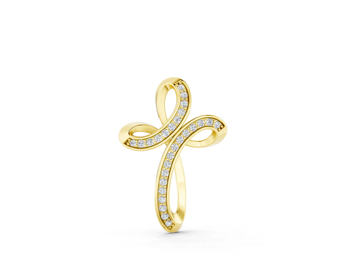 Yellow gold Pavé Round Diamond Prong Cross Pendant_31