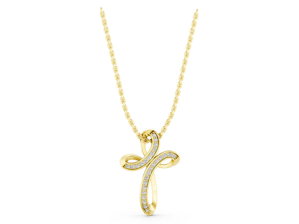 Yellow gold Pavé Round Diamond Prong Cross Pendant