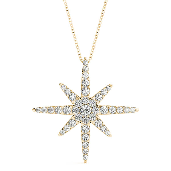 Yellow gold Pavé Round Diamond Starburst Pendant with Four-Prong Setting