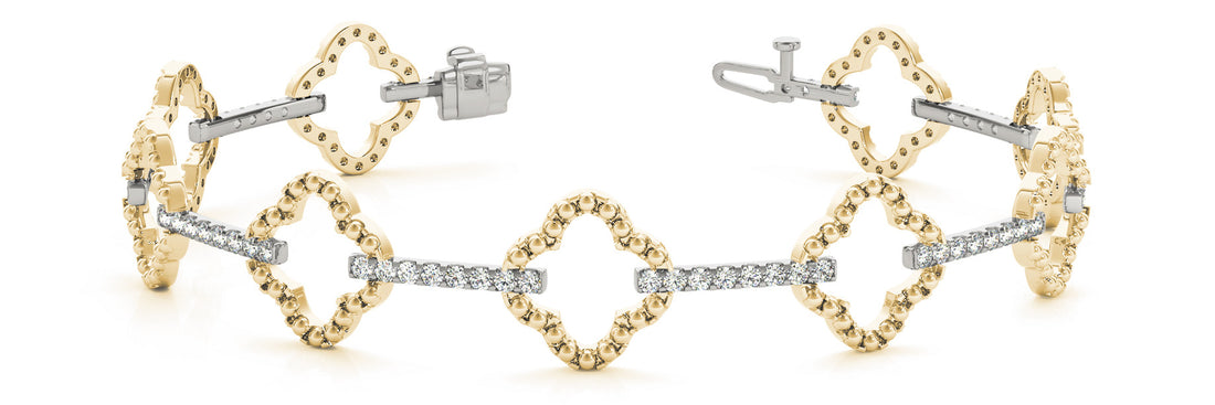 Yellow gold Pavé Round Diamond Station Bracelet with Open Clover Links